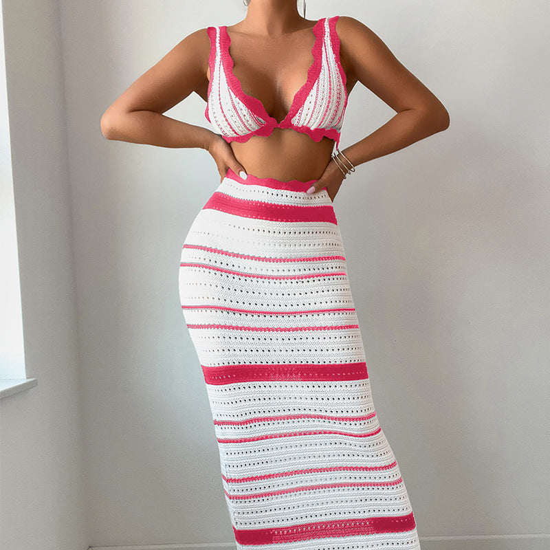 Dame Crop Top og Nederdel Ensemble i trendy Stribemønster Stilla