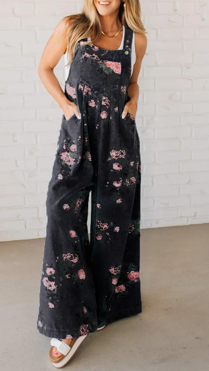 Dame bomulds-overall med blomstret print og brede ben Stilla