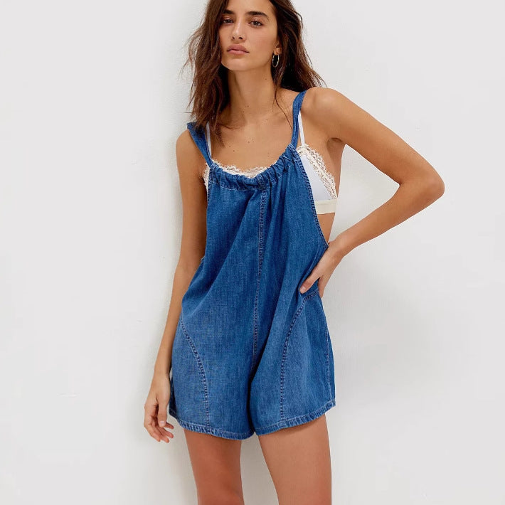 Dame Jeans-overalls med rynket U-hals og praktiske lommer Stilla