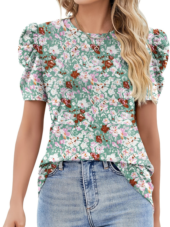 Damebluse med pufærmer og blomstermønster Stilla