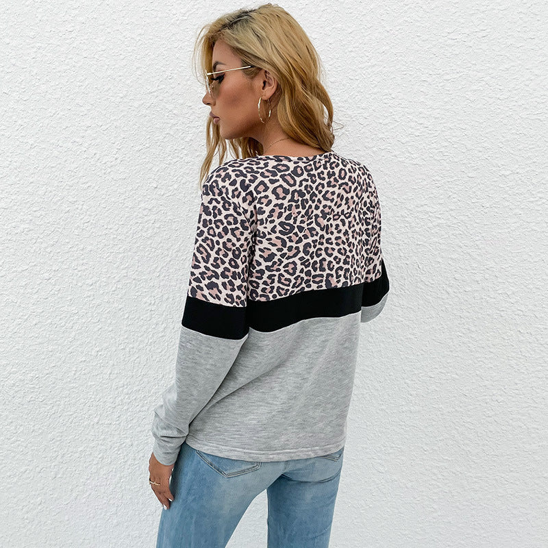 Dame V-udskæring Sweatshirt med leopardmønster og kontrastbånd Stilla