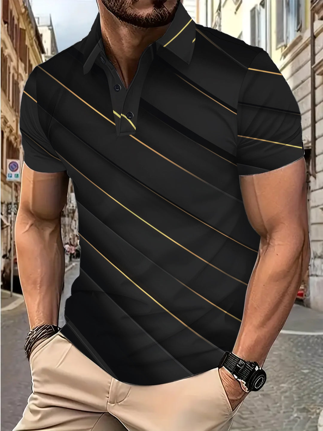 Herrer Poloshirt med moderne diagonalt stribedesign og åndbare egenskaber Stilla
