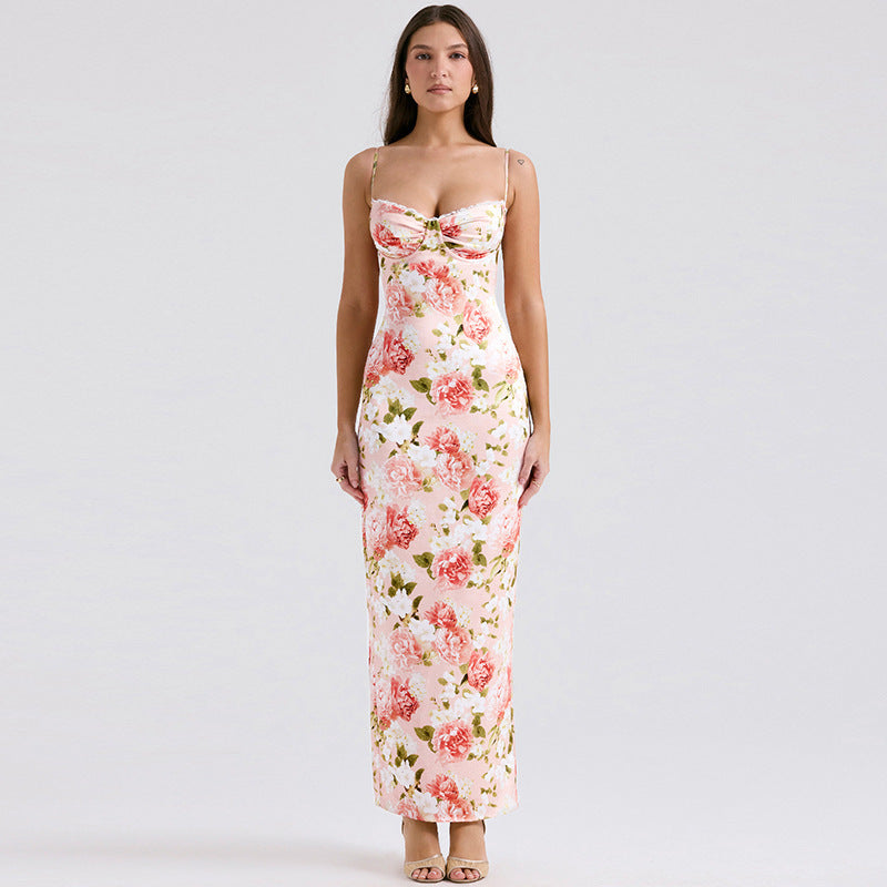Dame Blomst Satin Maxi Kjole Stilla