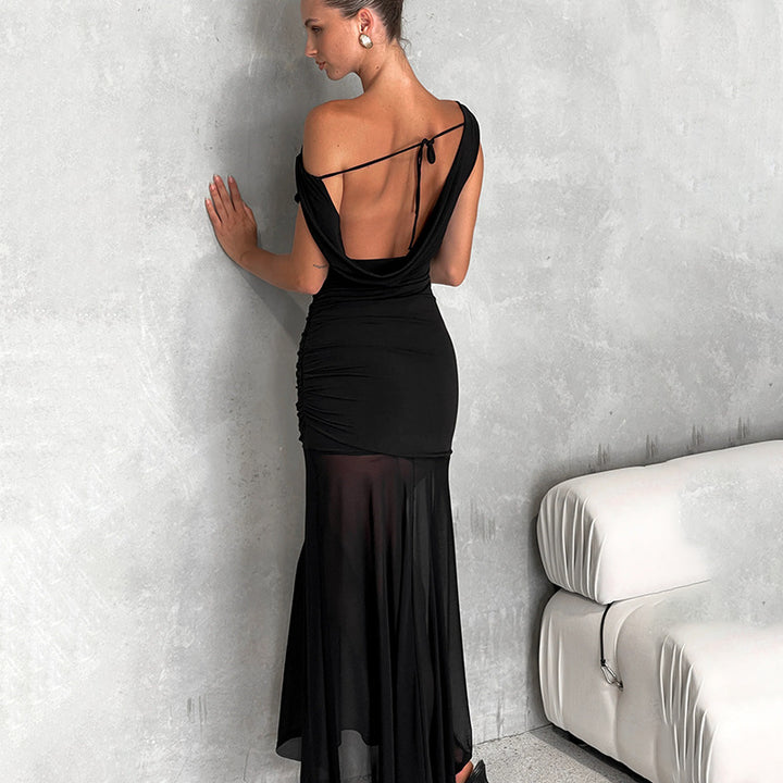 Dame Elegant off-shoulder maxikjole med raffineret flæse design Skovae