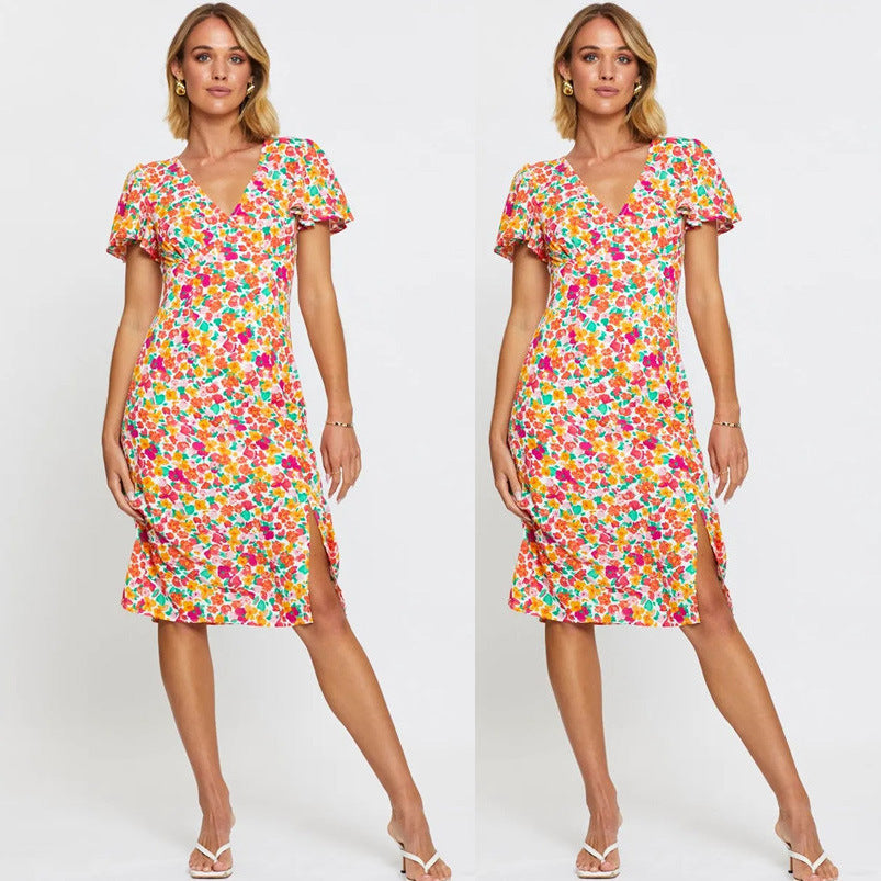 Dame floral print midi kjole med sideslitz og flæseærmer Stilla