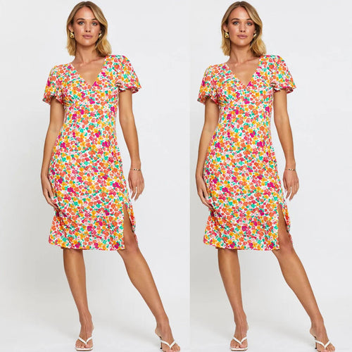 Dame floral print midi kjole med sideslitz og flæseærmer Stilla