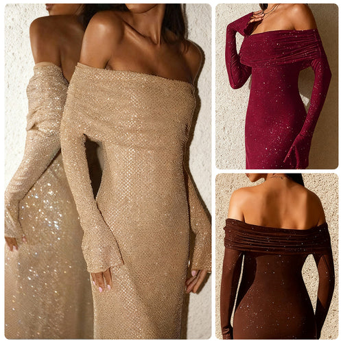 Kvindernes elegante, off-the-shoulder aftenkjole med glitrende paillettrim og tætsiddende silhuet Skovae
