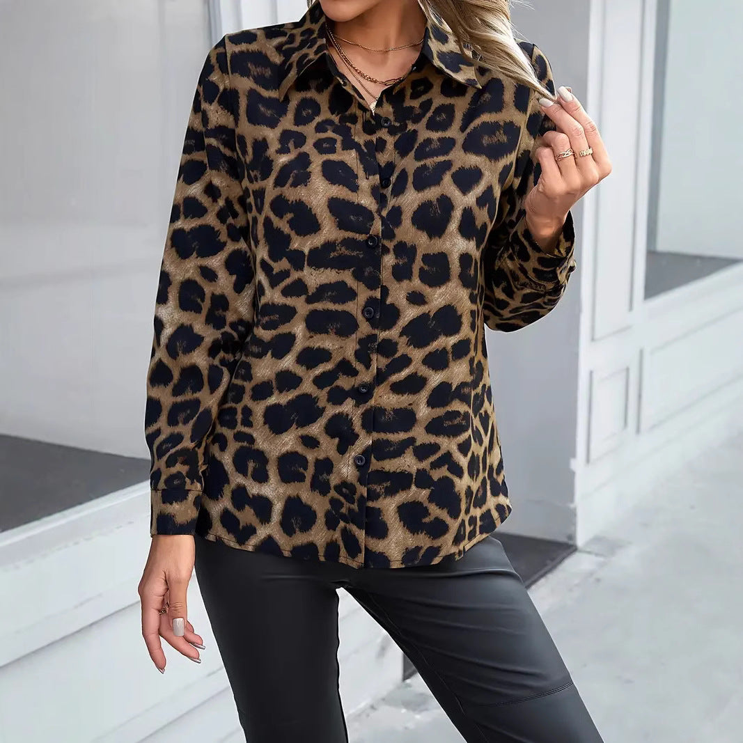 Dame skjortebluse med leo-print og klassisk krave Stilla