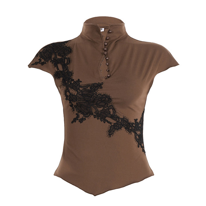 Dame elegant kortærmet top med kunstnerisk blondedetaljer og mode knapdetaljer Skovae