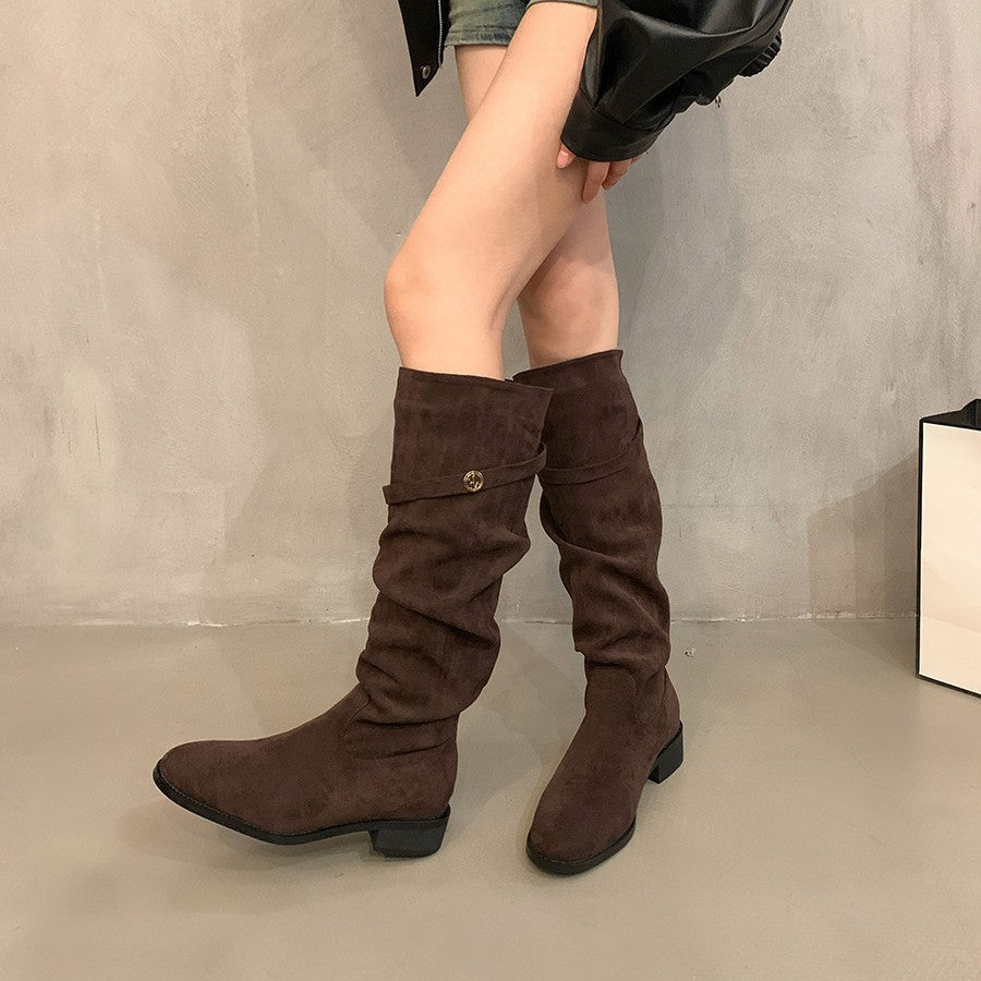 Femme Slouchy Suede Knælange Støvler med Dekorativ Knap Stilla