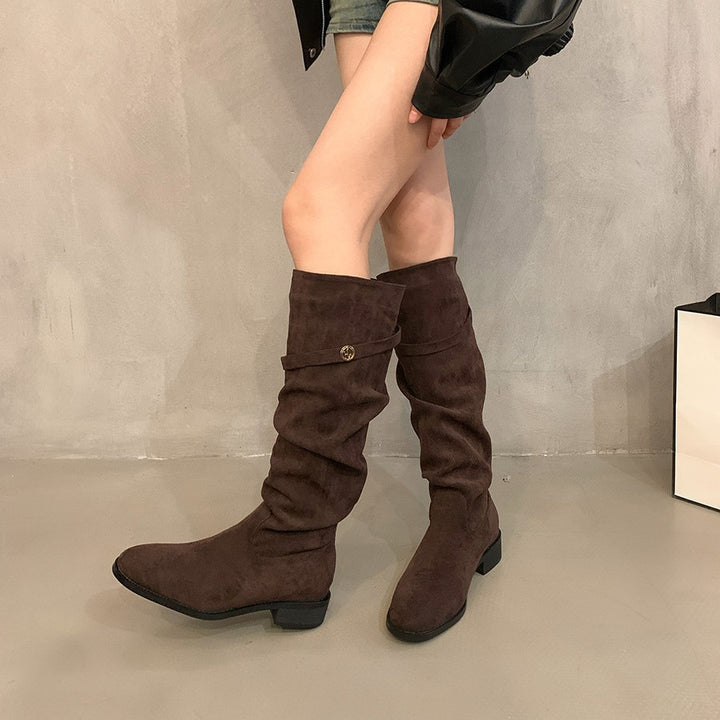Femme Slouchy Suede Knælange Støvler med Dekorativ Knap Stilla