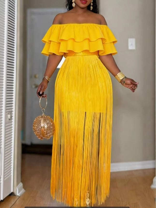 Dame Off-Shoulder Kjole med frynset kant Skovae