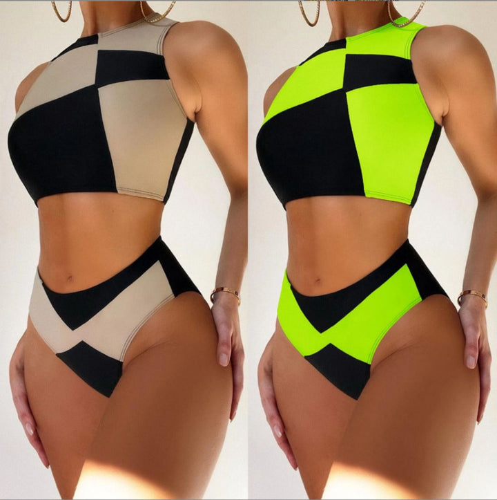 Dame Sporty Bikini-sæt med højt lukket overdel og kontrasterende farveblokke Stilla