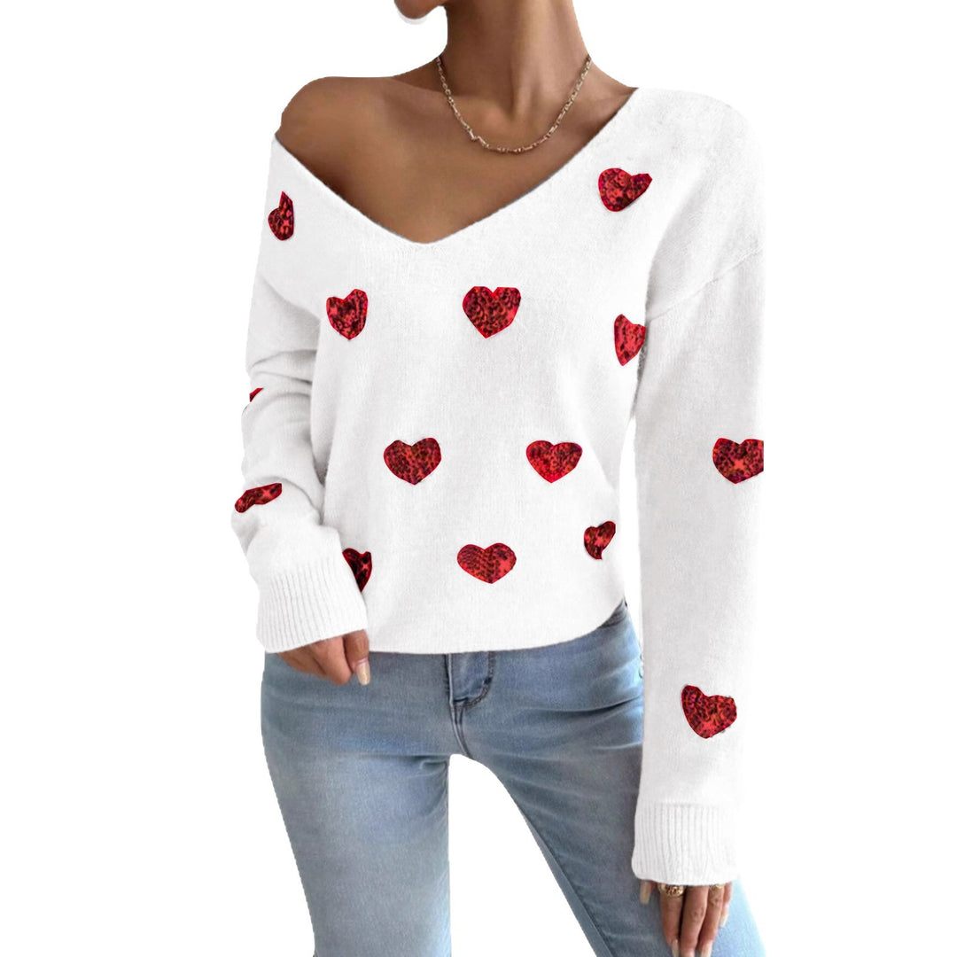 Dame oversized sweater med dyb V-hals og hjerte motiv Stilla