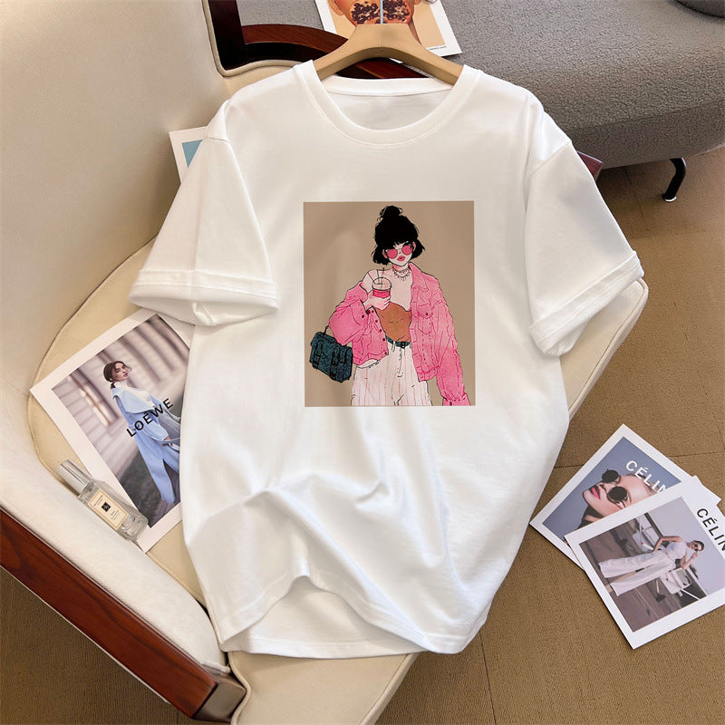 Dame T-shirt med kreativ modeillustrationstryk og afslappet snit Stilla