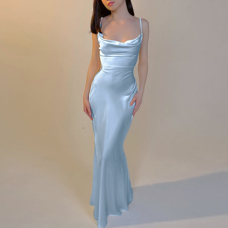 Dame elegant satin maxikjole med smart cowl-udskæring og spaghetti-stropper Stilla