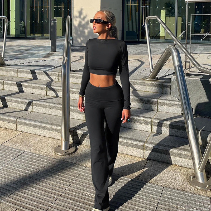 Dame Sporty Langærmet Crop-Top og tætsiddende Flared-Bukser Sæt Skovae