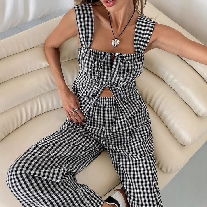 Dame Gingham Tryk Cut-Out Cropped Top og Vidde Bukser Sæt Stilla