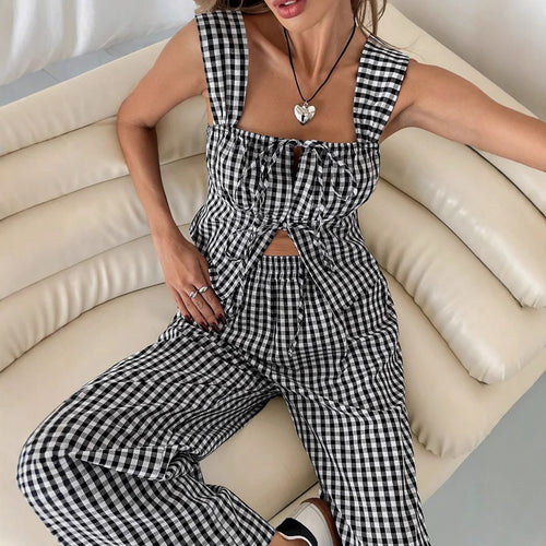 Dame Gingham Tryk Cut-Out Cropped Top og Vidde Bukser Sæt Stilla