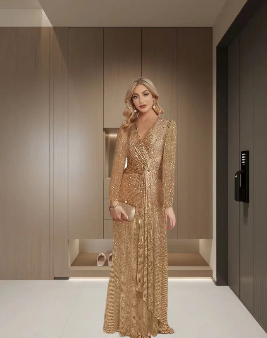 Dame Glamourøs Maxikjole med elegant Vikledesign og funklede Pailletter Stilla
