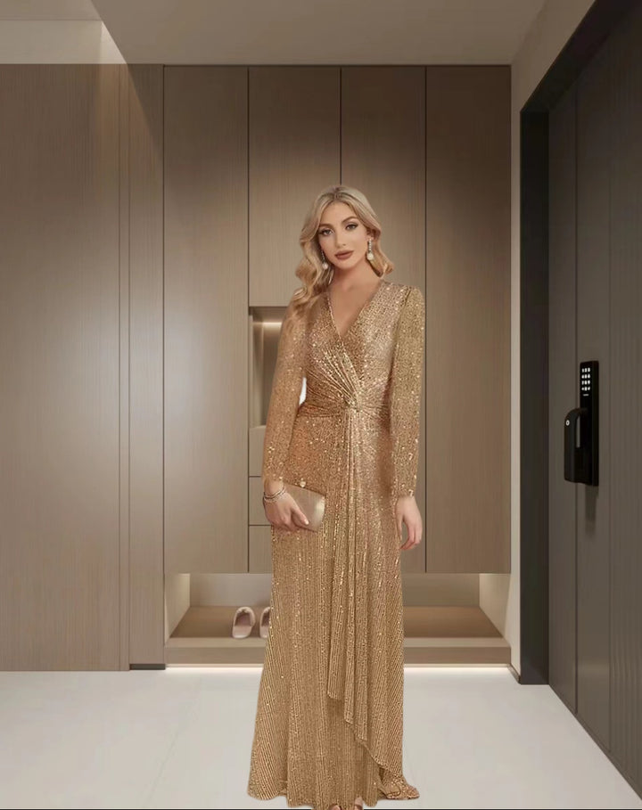 Dame Glamourøs Maxikjole med elegant Vikledesign og funklede Pailletter Stilla