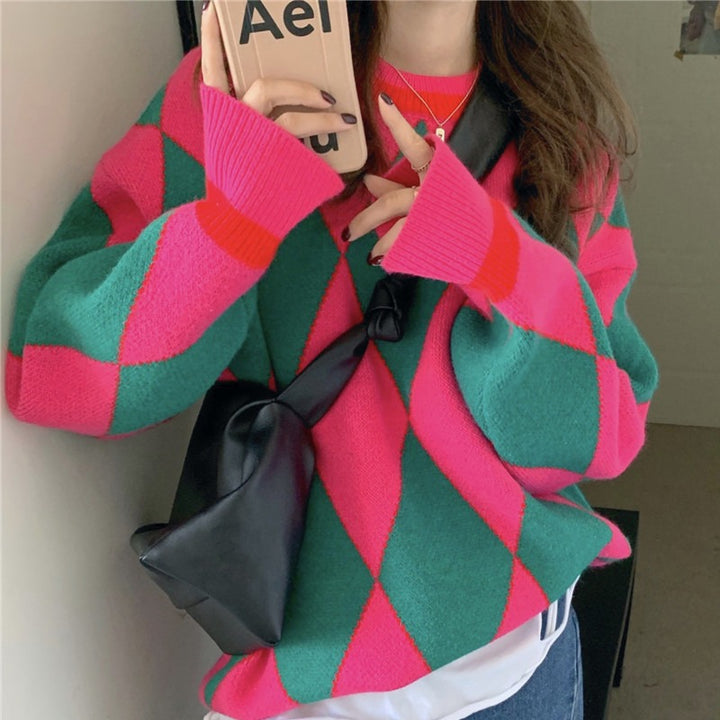 Femme Geometrisk Mønster Oversize Striktrøje Stilla