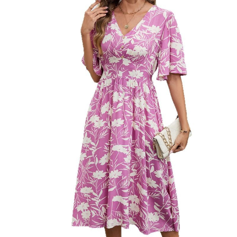Femme Floral A-linje Midi kjole med flæsermer Stilla