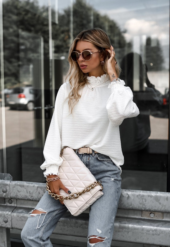 Dame Oversized Bluse med flæsekant og struktureret materiale Stilla