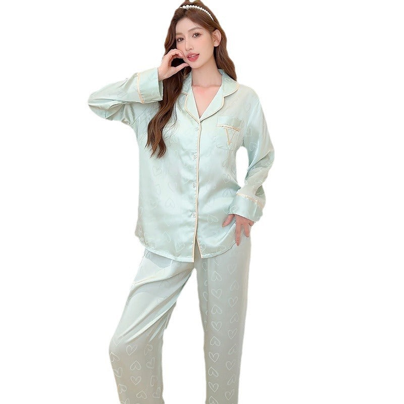 Dame Satin Pyjama-sæt med elegante hjerte mønstre og fine detaljer Stilla