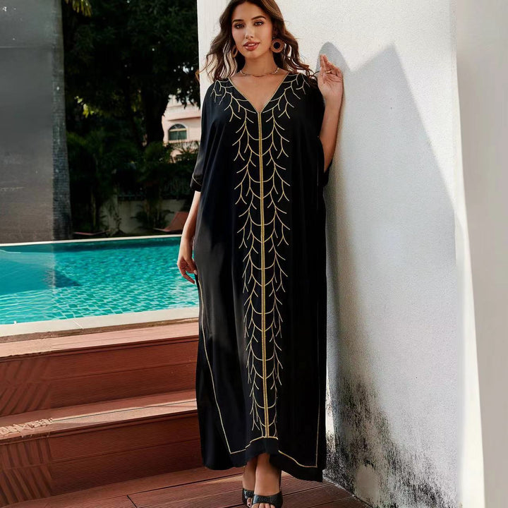 Dame Kaftan kjole med elegant gyldent mønster og sidelunger Stilla