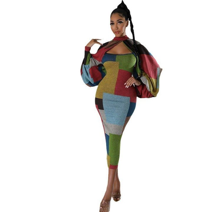 Dame Figursyet Patchwork-Kjole med Pufærmer Stilla