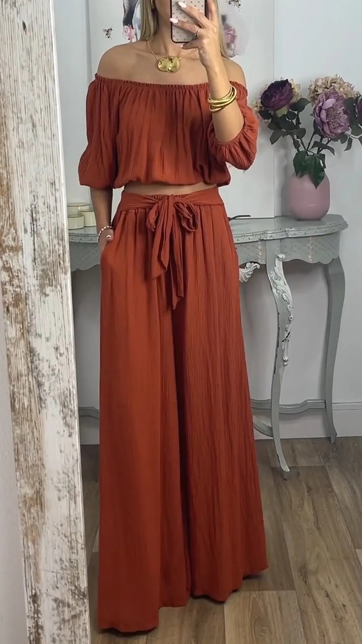 Dame Elegant To-delt Sæt med bred bukse stil og off-shoulder top Stilla