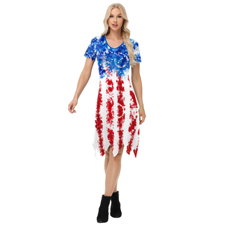 Dame afslappet T-shirt kjole med amerikansk flag mønster og asymmetrisk kant Stilla