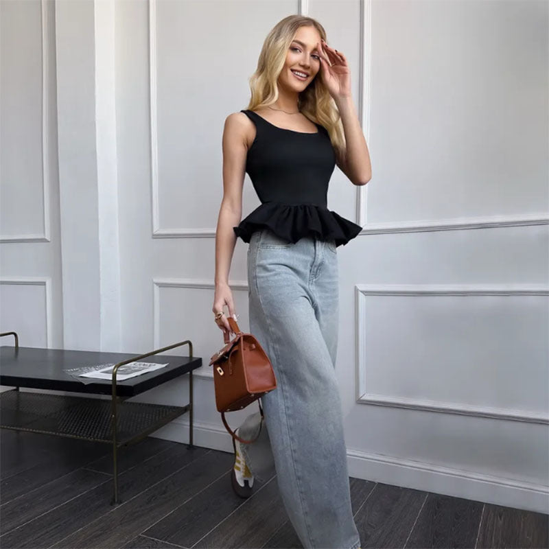 Dame Trendy Top med Rynket Kant Stilla