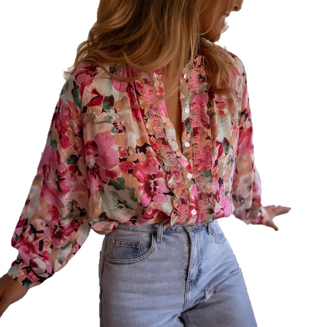 Dame Floral Print Button-Up Bluse med Rüschendetails Stilla