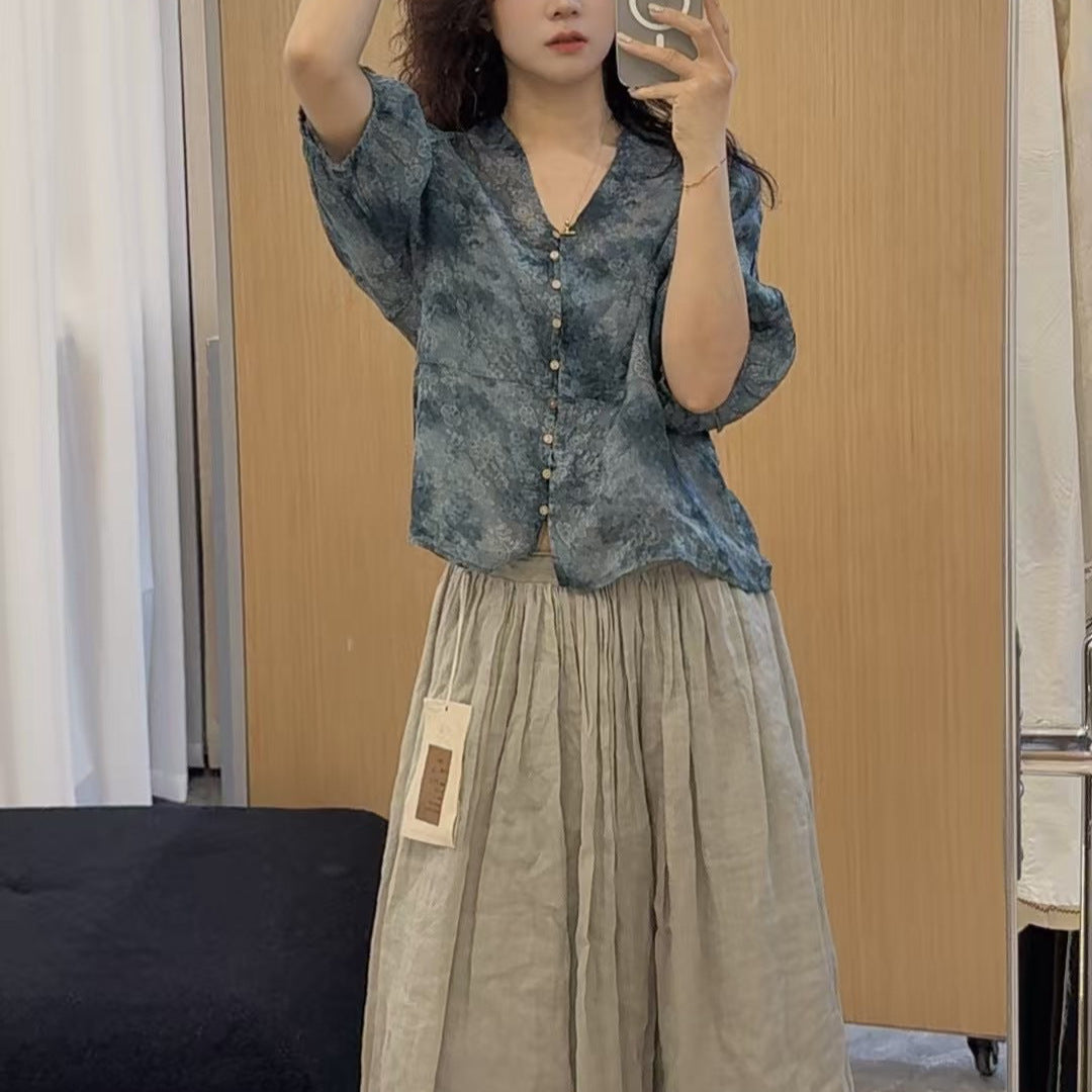 Femme Letvægts Bohemian Knap-op Bluse og Flydende Maxi Nederdel Sæt Stilla