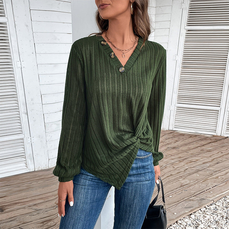 Damer fashionabel langærmet skjorte med V-hals og dekorative knapper Stilla