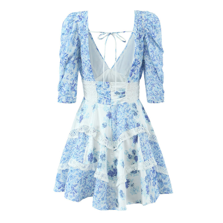 Dame Floral Print Mini Kjole med Puffærmer Stilla