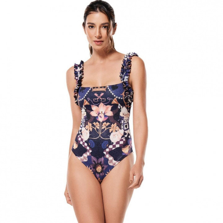 Dame one-piece bikini med legende blomsterdesign og matchende strandkjole Skovae