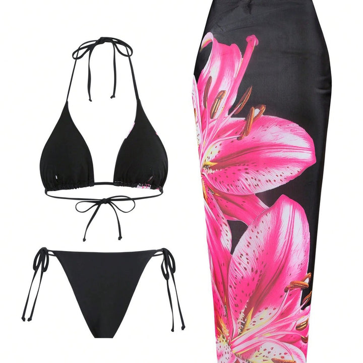 Dame bikini-sæt med elegant omslagskørt og blomstret design Stilla