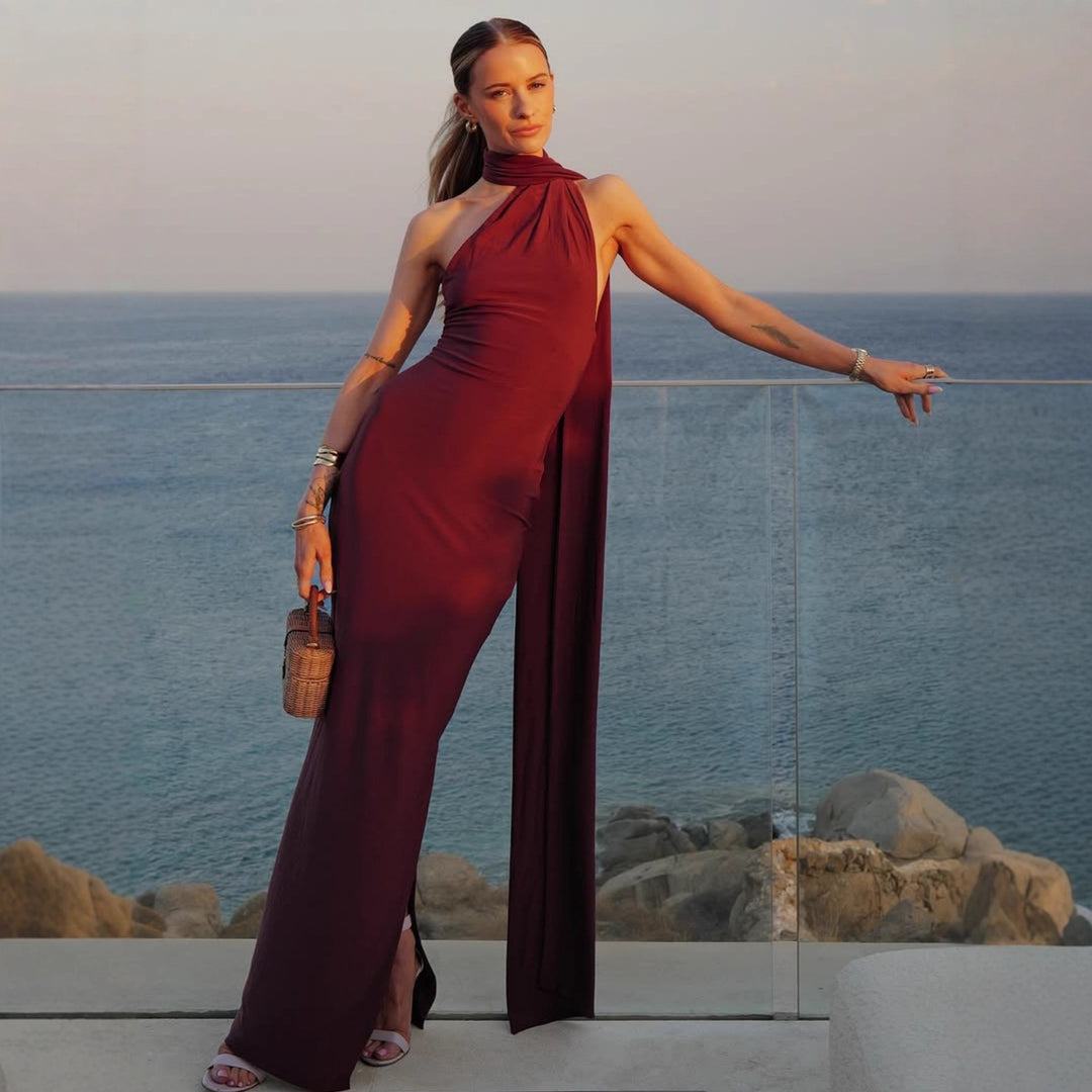Dame Elegant Maxikjole med innovativt indpakningsdesign og asymmetrisk halterneck Skovae