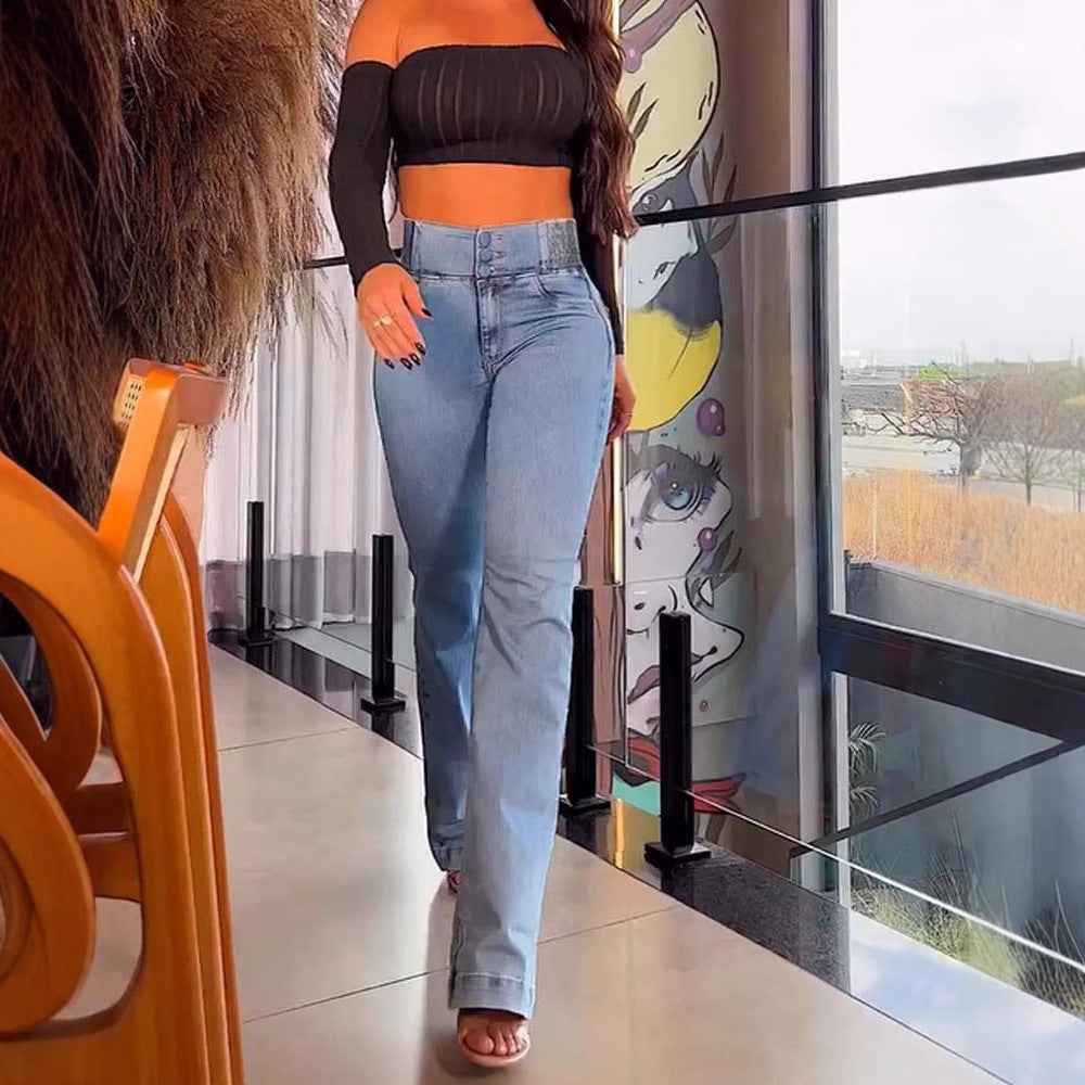 Kvinder Højtaljede Bredbenede Jeans med Elegant Pasform Stilla