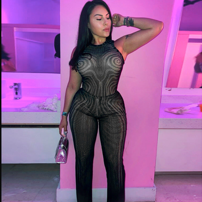 Dame Elegant Mesh Jumpsuit med Racerback og tætsiddende silhuet Skovae