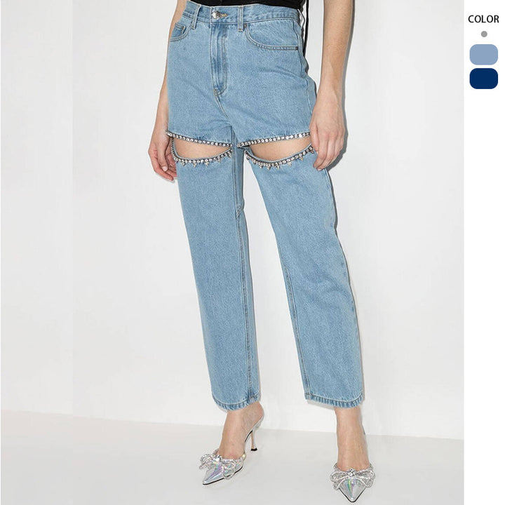 Dame jeans med ekstravagant snit og glitrende decorationer