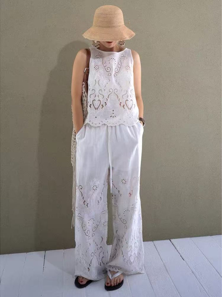 Dame Casual Chiffon Buksedragt med fin hæklemønster Stilla