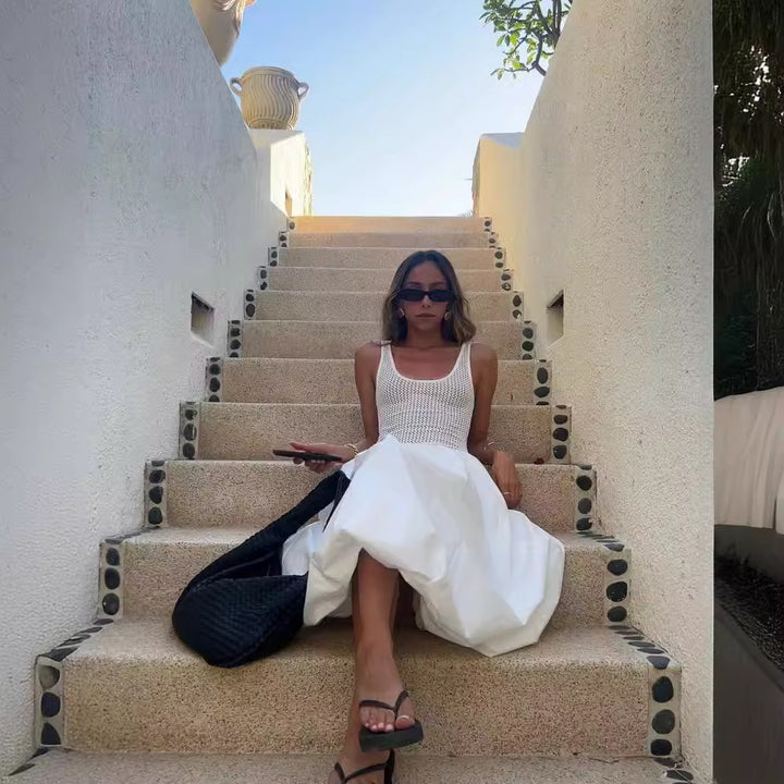 Dame Midi-kjole med åndbart overdel og elegant, udstillet nederdel Stilla