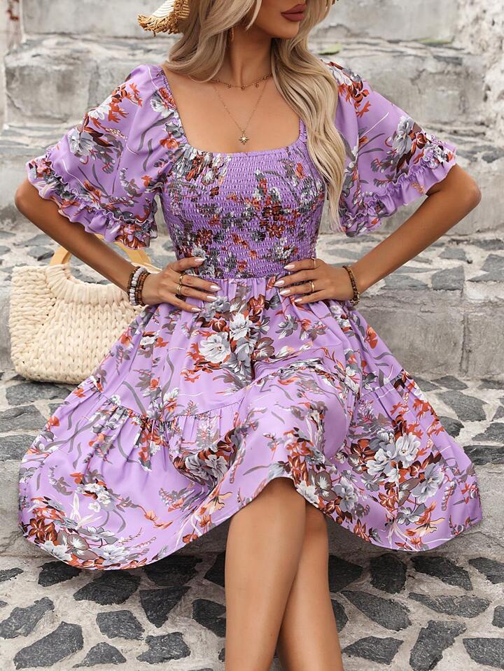Dame Blomster Smocked Lagkjole Stilla