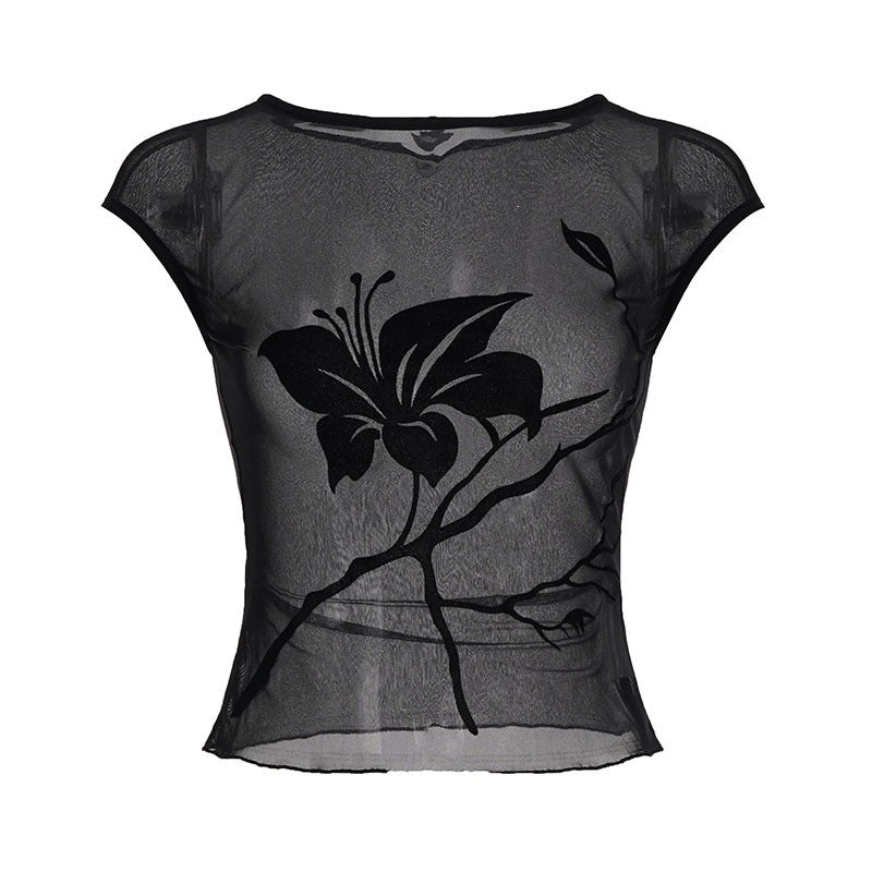 Dame gennemsigtig mesh-bluse med blomstertrykt Skovae