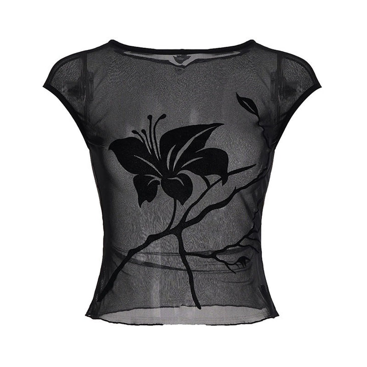 Dame gennemsigtig mesh-bluse med blomstertrykt Skovae