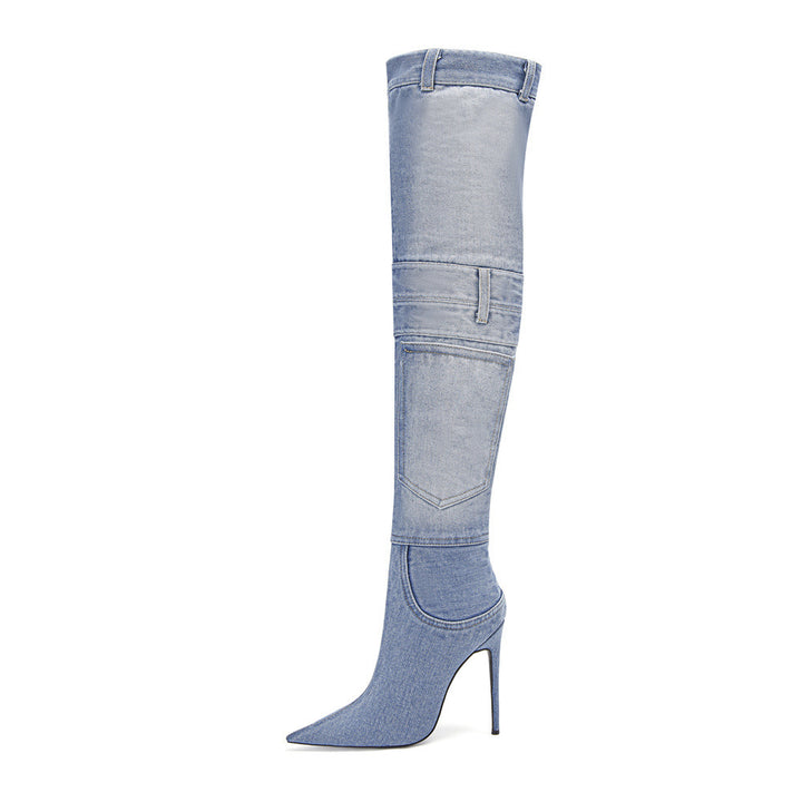 Femme Overknee-Denim-Stiletto-Støvler med distressed Detalje Stilla
